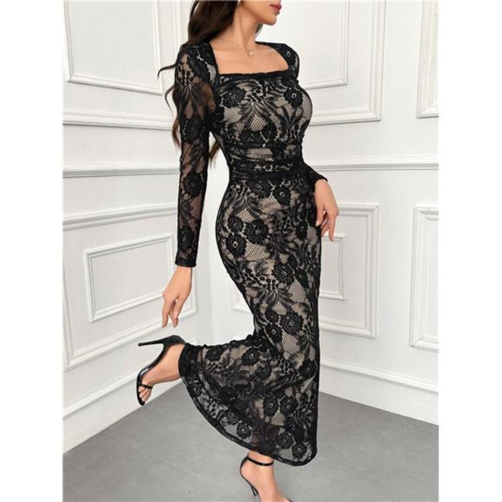 Women's Elegant Square Neck Lace Long Sleeve Evening Dress